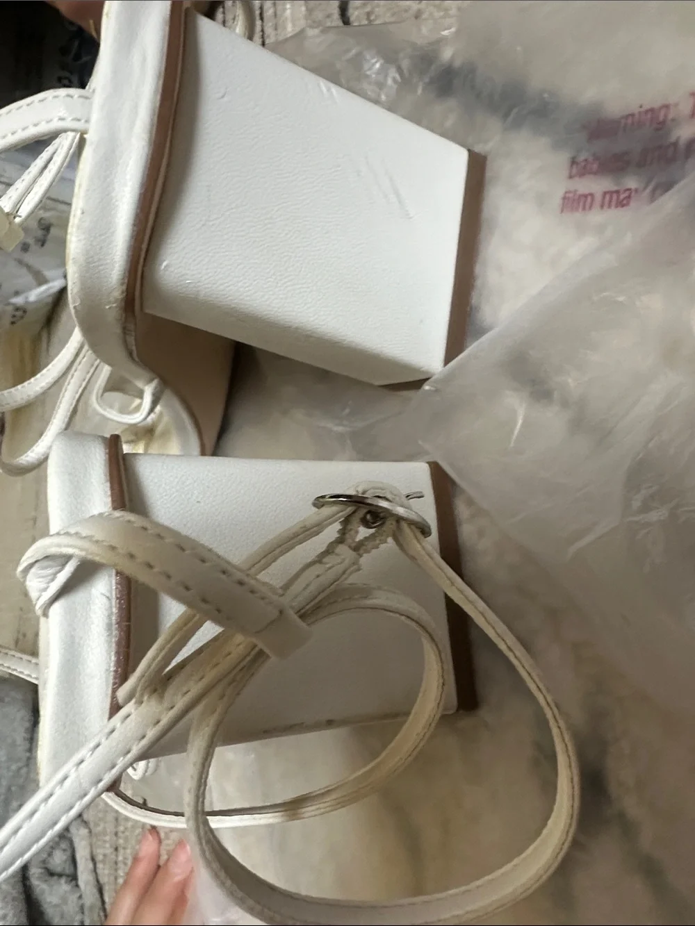 GUESS Cream Strappy Square-Toe Block Heel Sandals